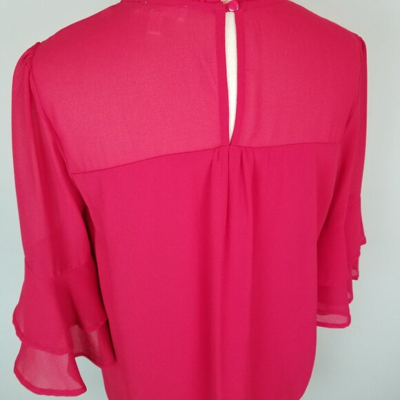 Monteau Red Blouse with Flared Ruffled 3/4 Sleeves & Collar Women's Size Large - Picture 6 of 9